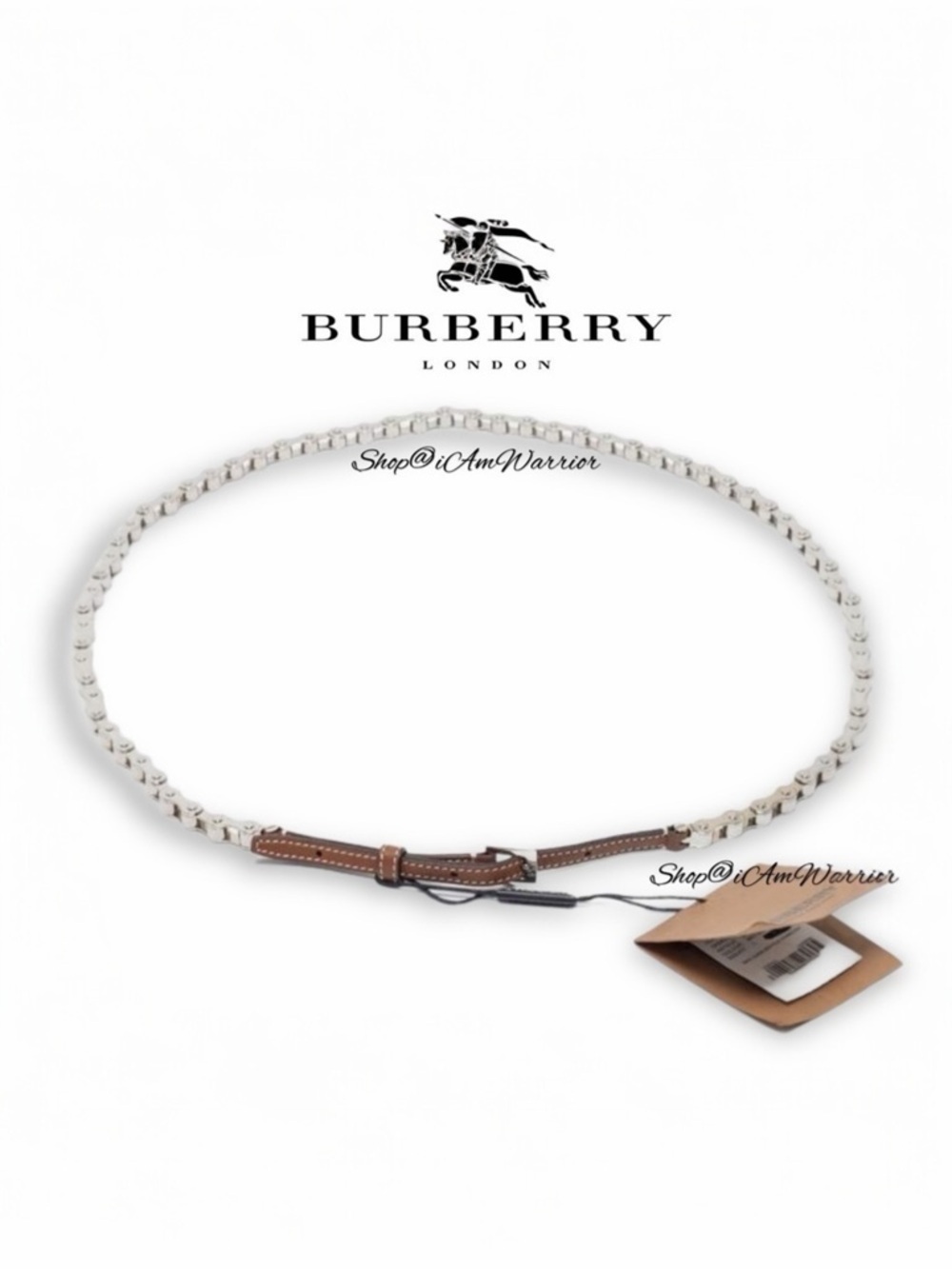 Authentic Burberry malt brown leather silver tone bicycle chain belt *iamwarrior